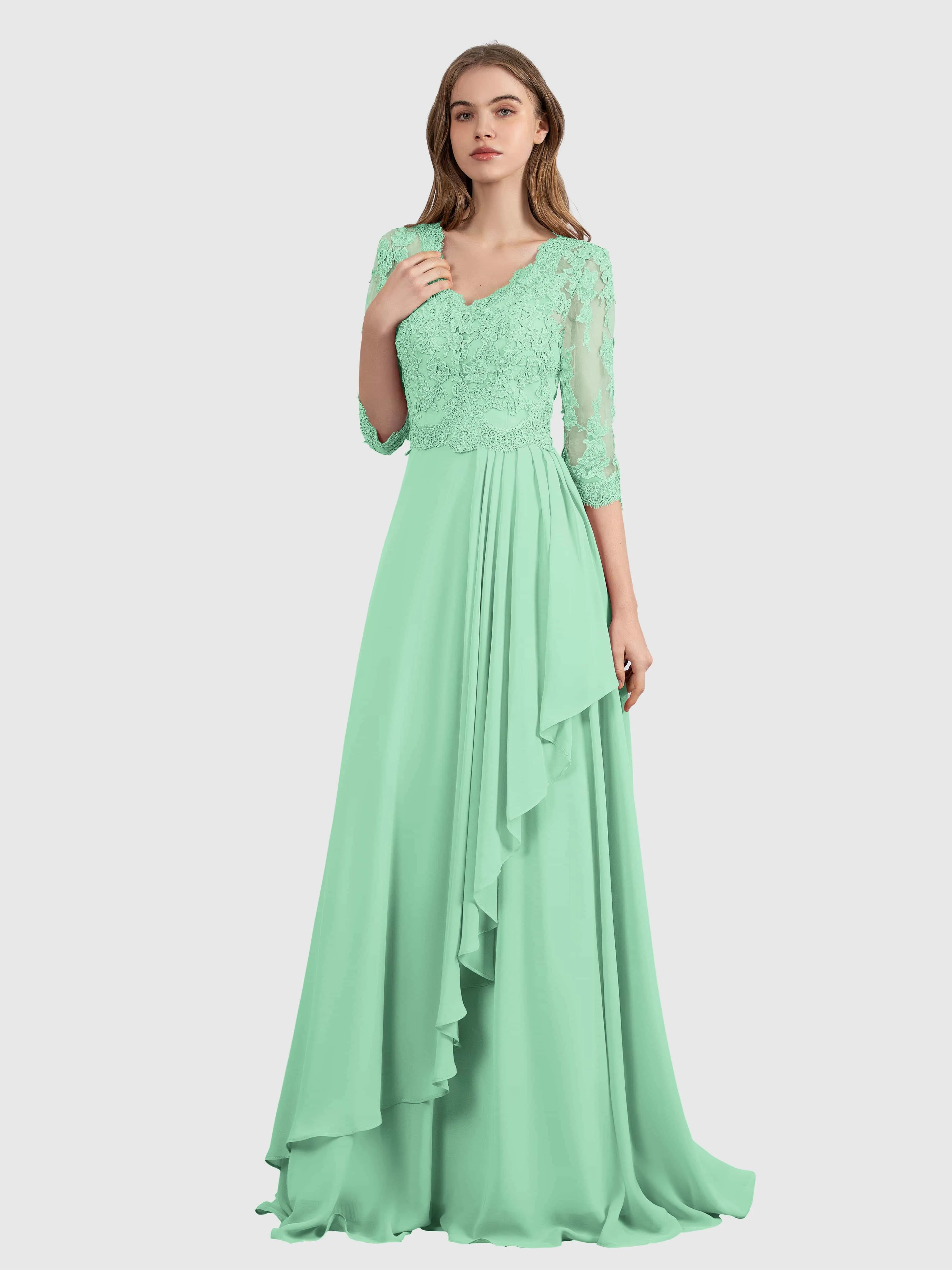 Aria Graceful Pleats Beading Lace Floor Length Bridesmaid Dresses