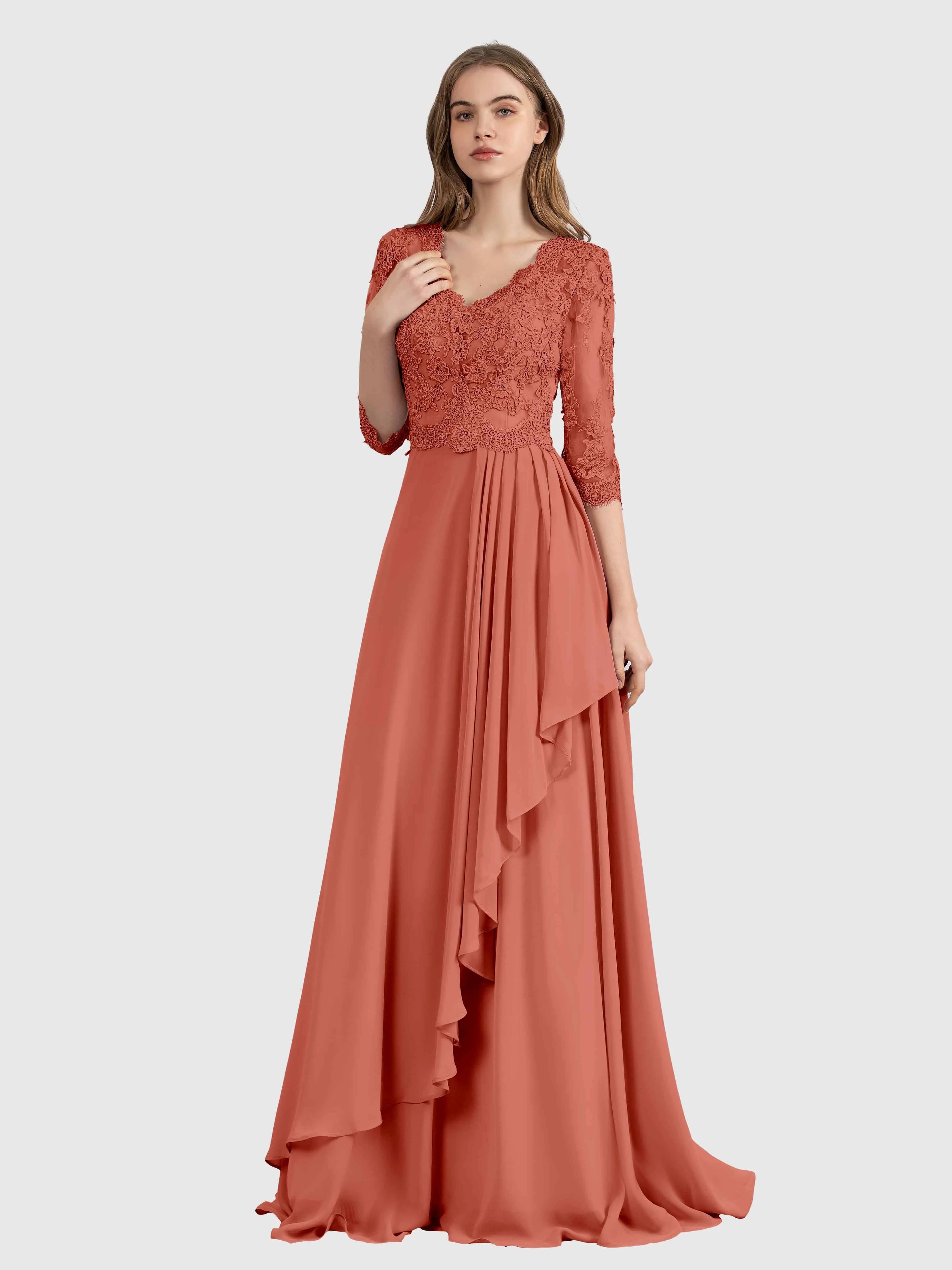 Aria Graceful Pleats Beading Lace Floor Length Bridesmaid Dresses