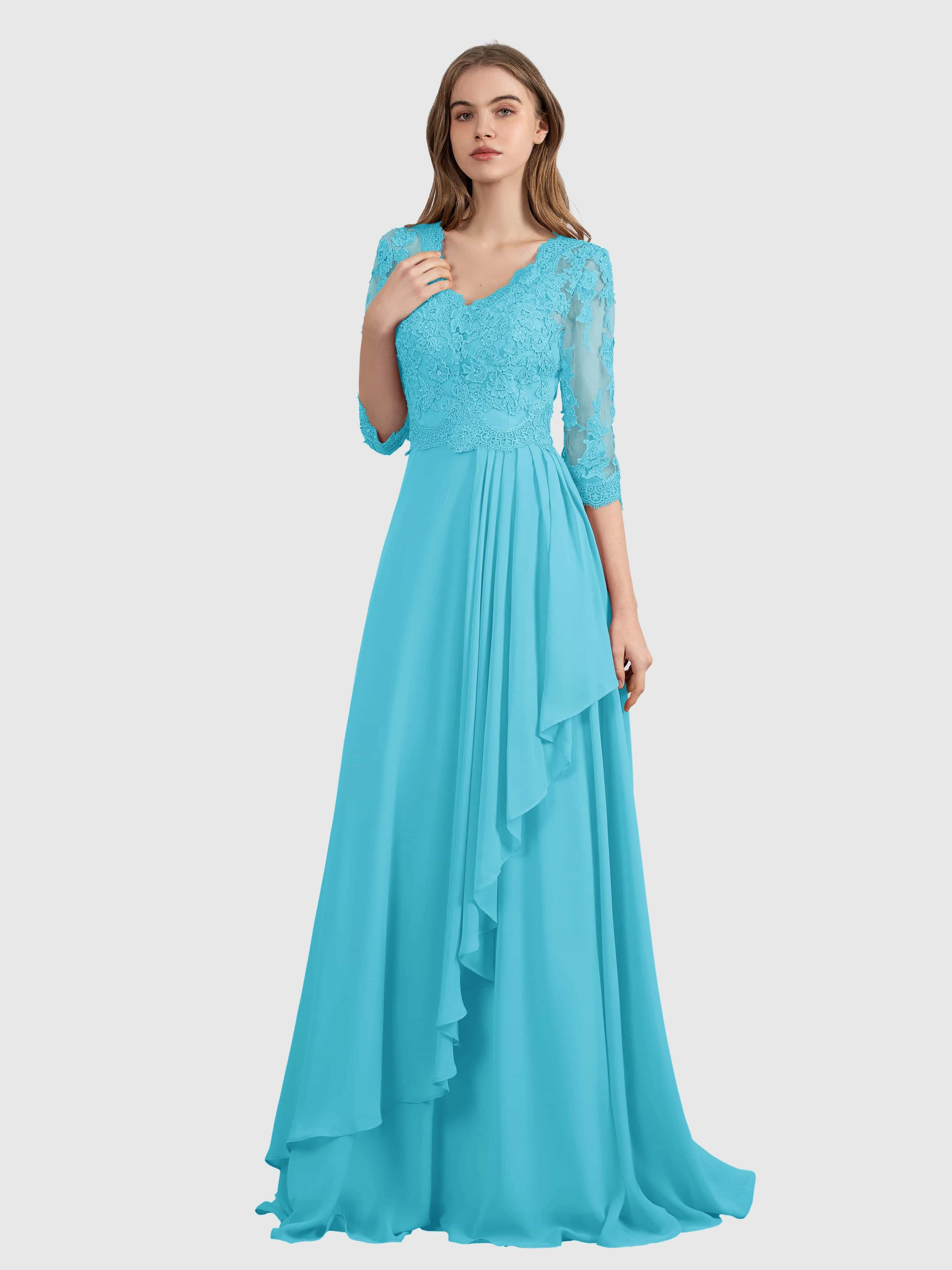 Aria Graceful Pleats Beading Lace Floor Length Bridesmaid Dresses