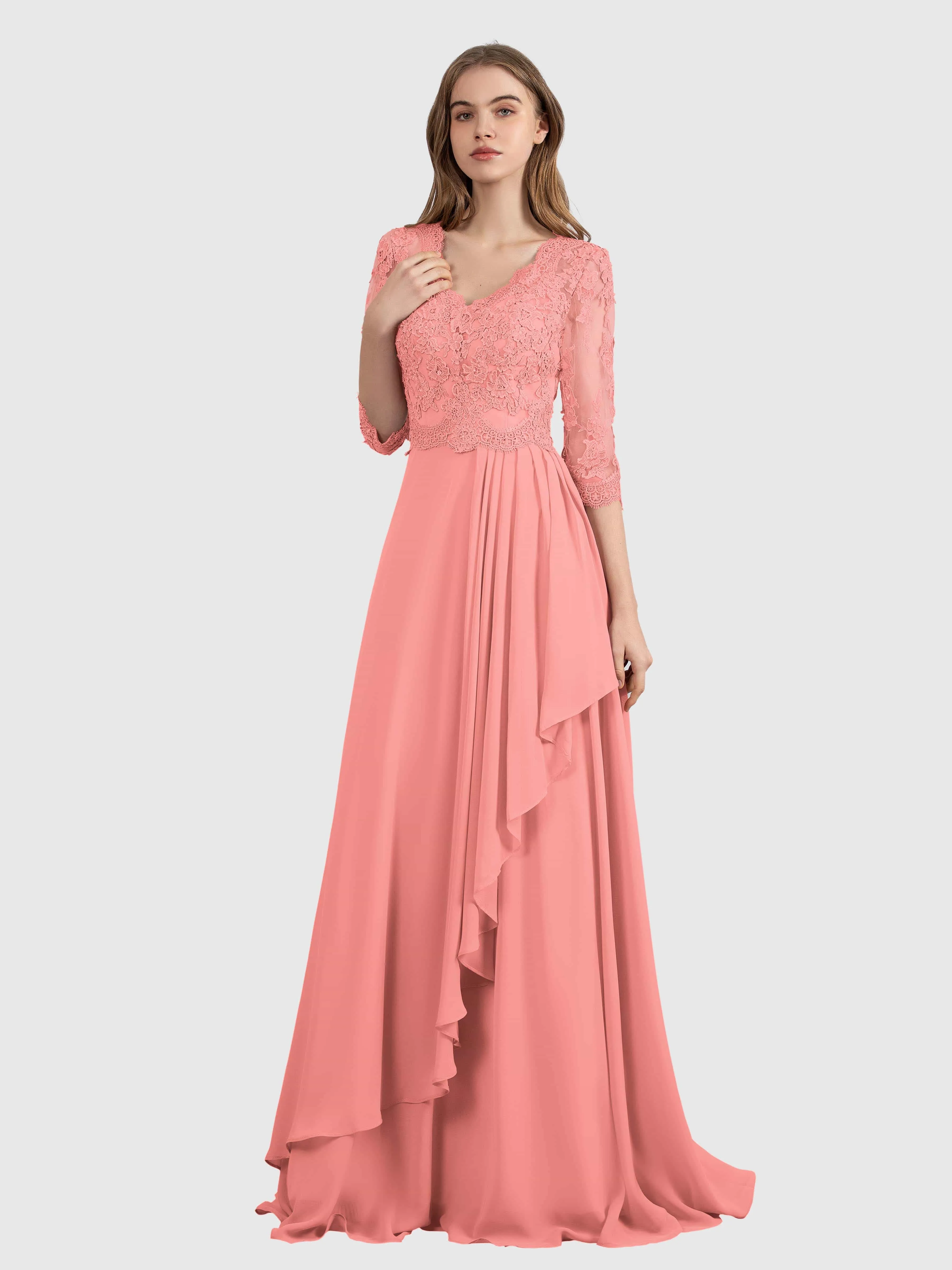 Aria Graceful Pleats Beading Lace Floor Length Bridesmaid Dresses