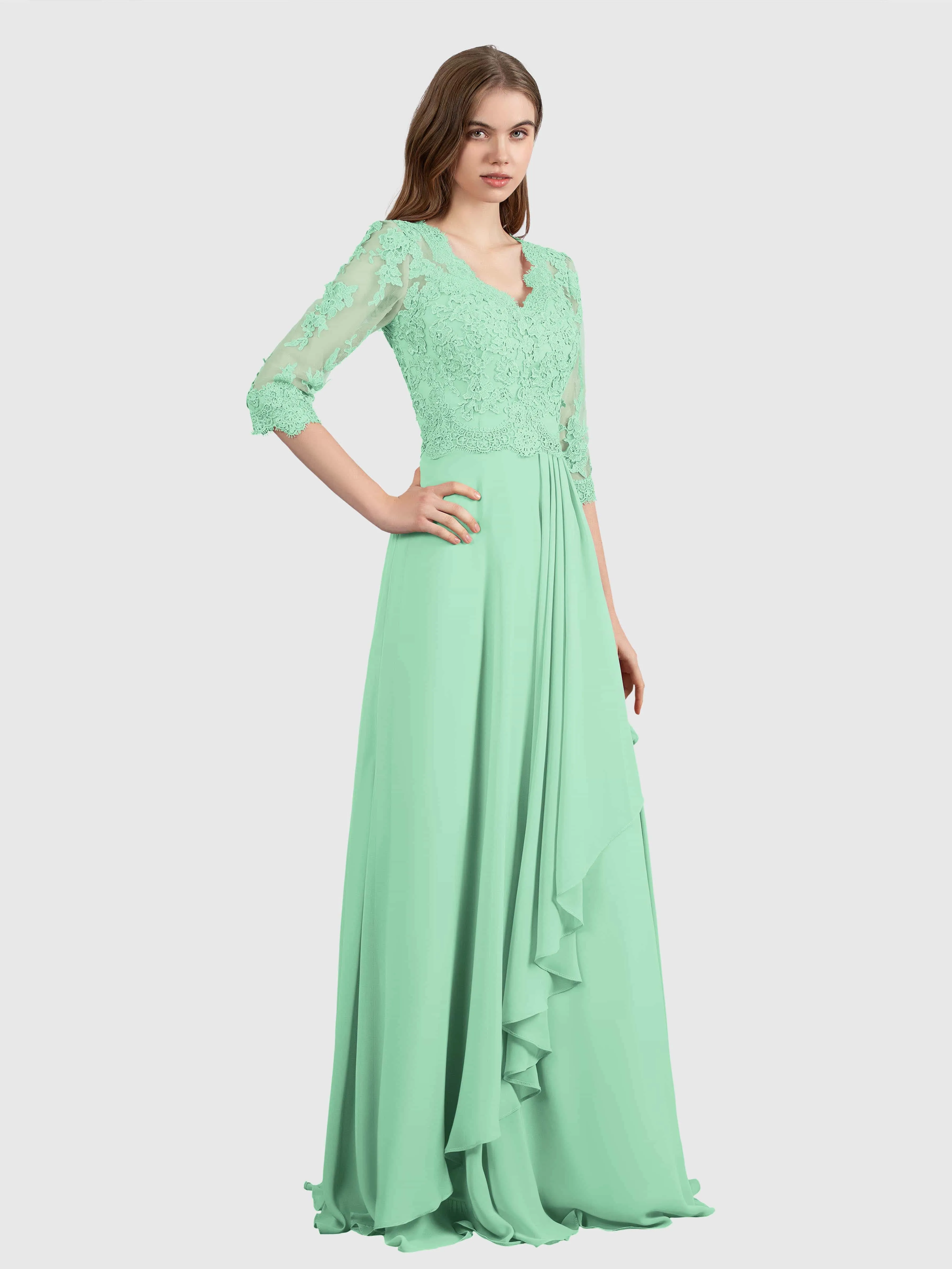 Aria Graceful Pleats Beading Lace Floor Length Bridesmaid Dresses