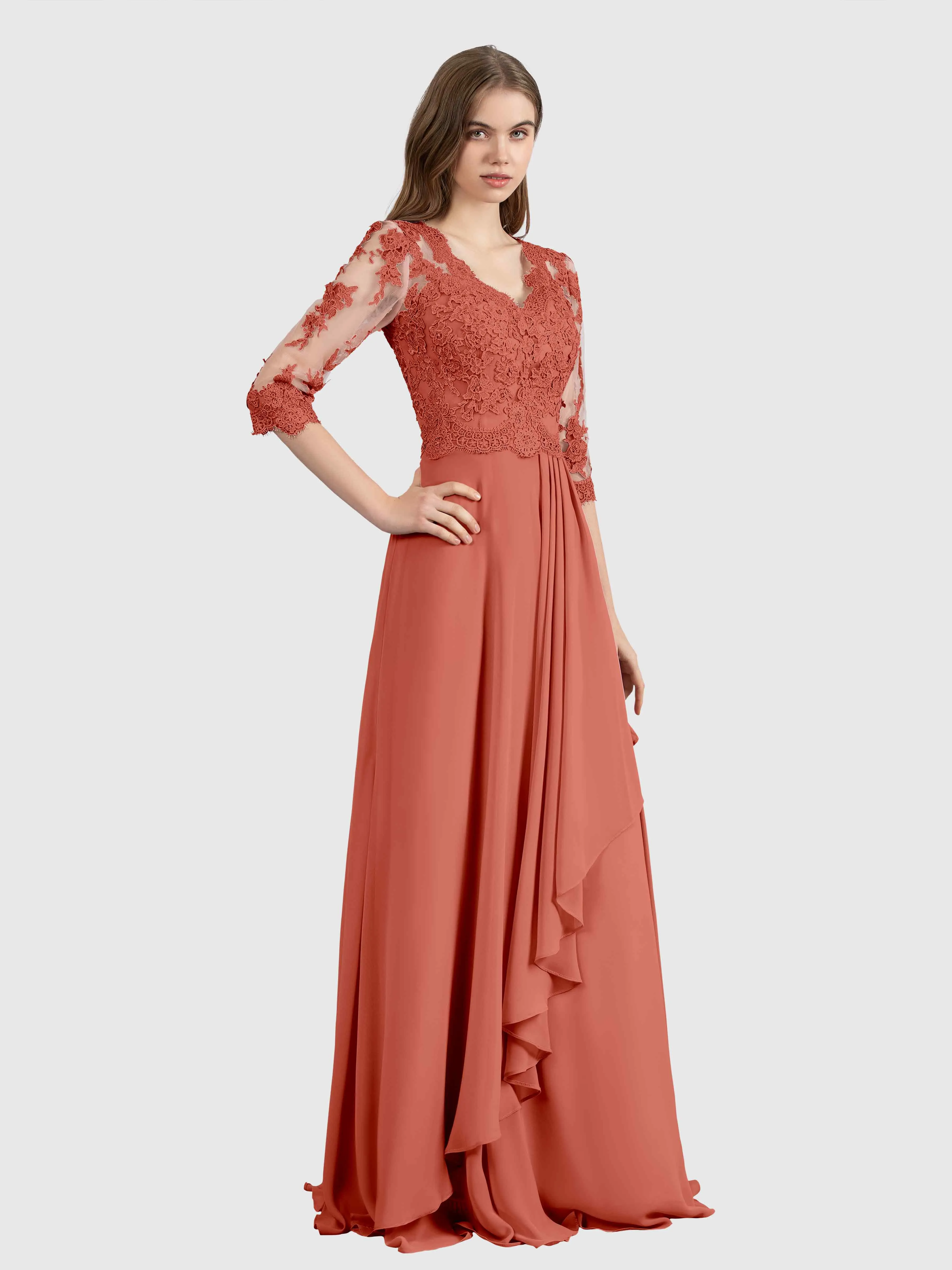 Aria Graceful Pleats Beading Lace Floor Length Bridesmaid Dresses