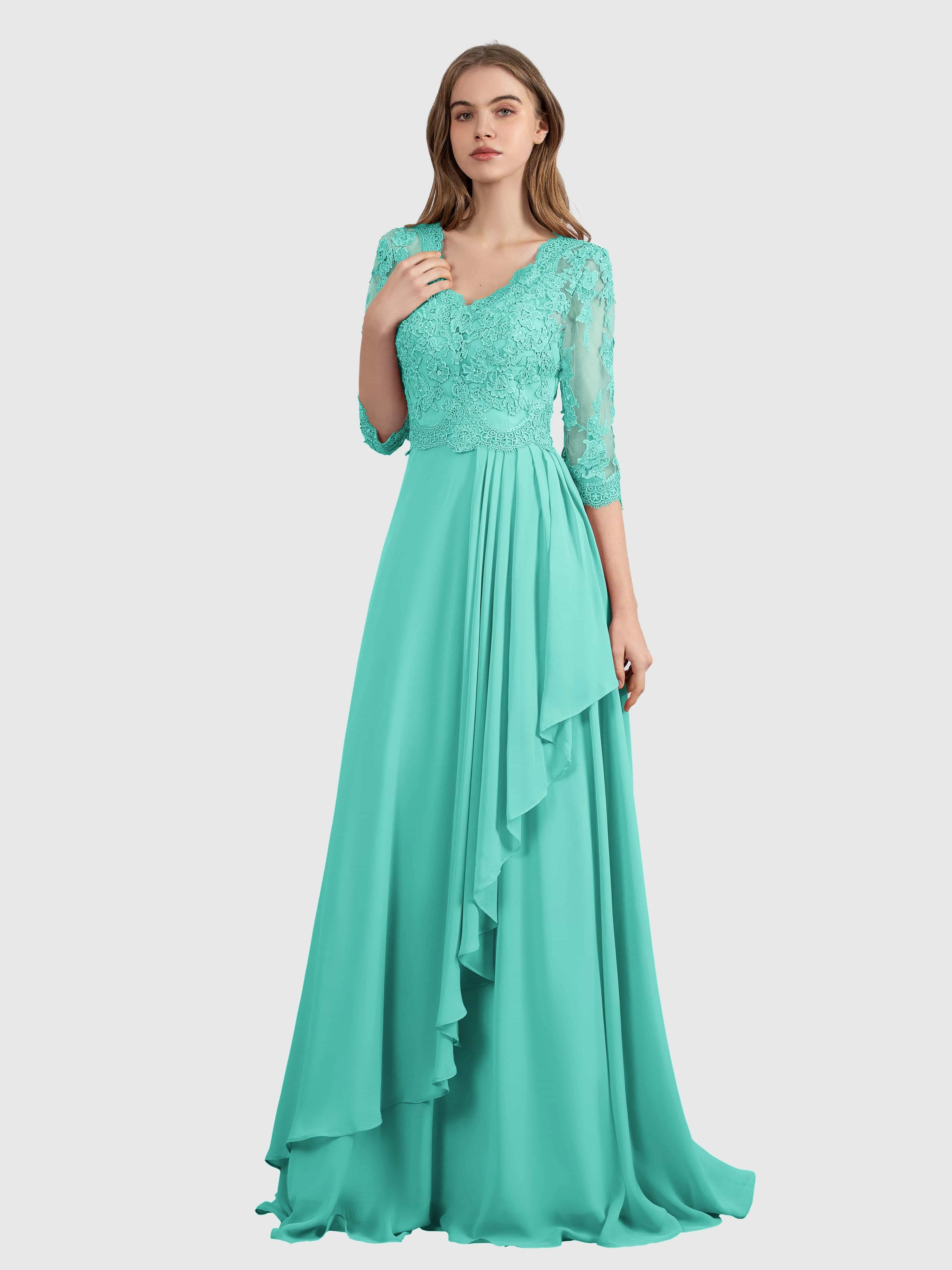 Aria Graceful Pleats Beading Lace Floor Length Bridesmaid Dresses