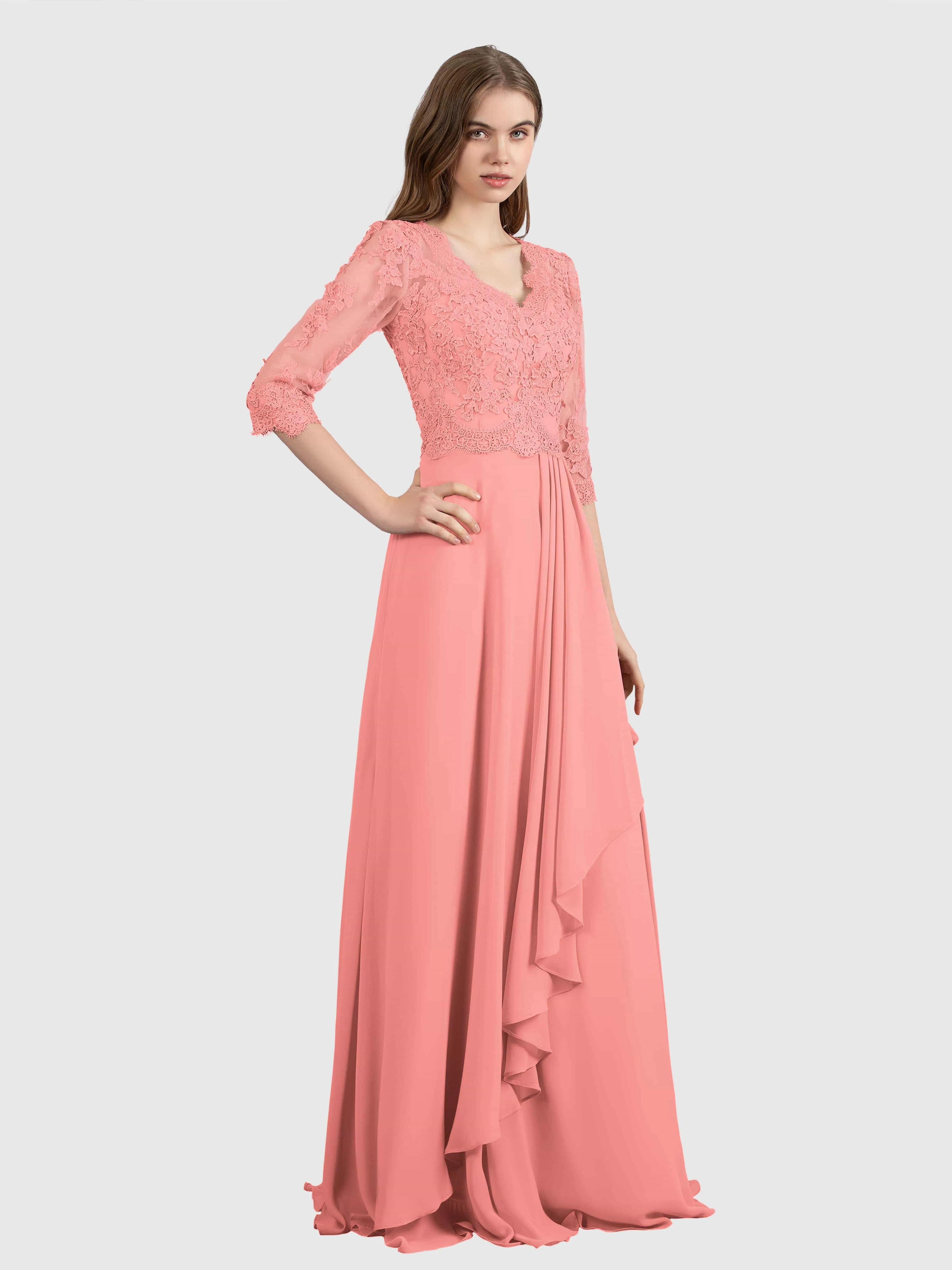 Aria Graceful Pleats Beading Lace Floor Length Bridesmaid Dresses