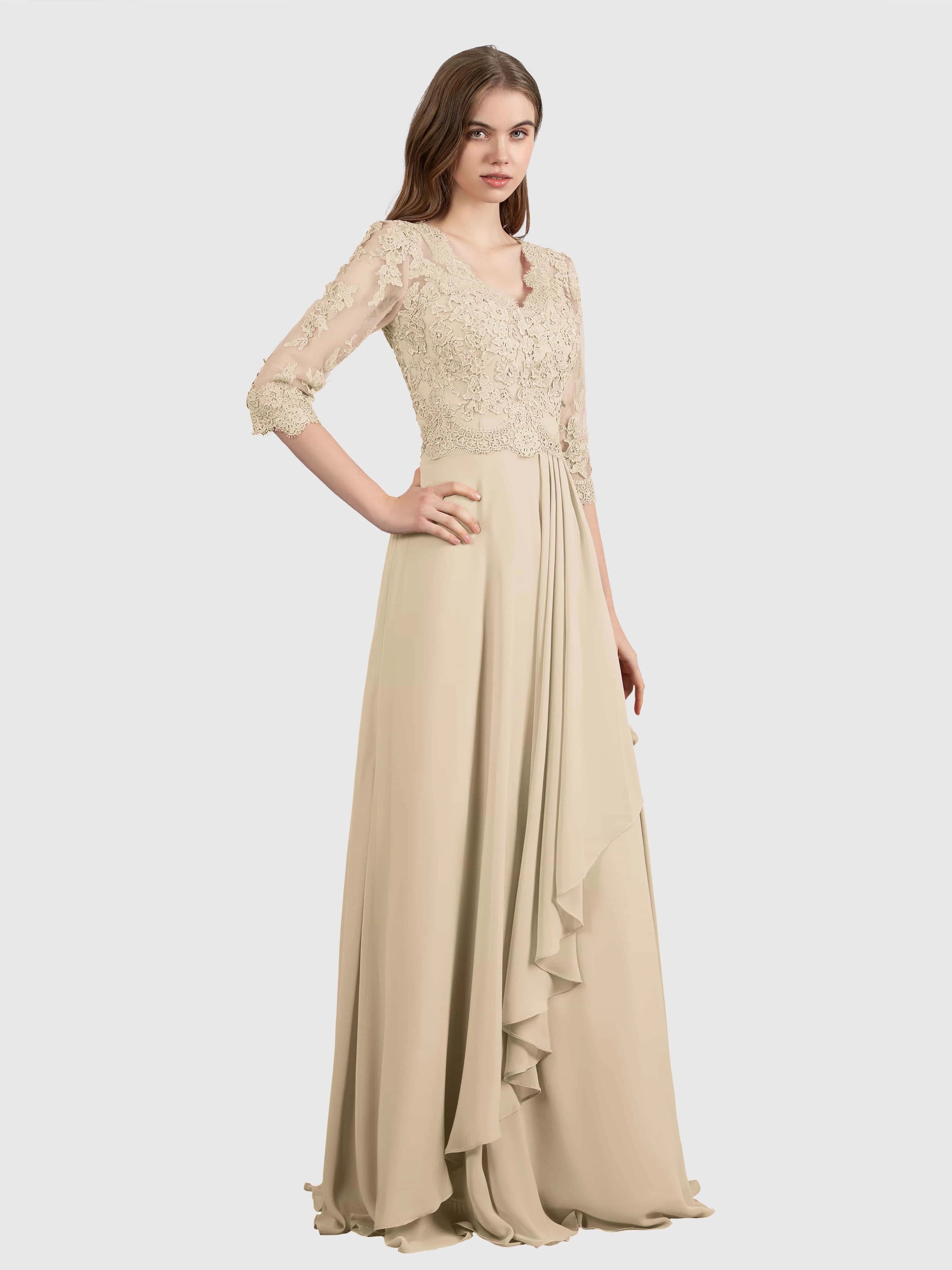 Aria Graceful Pleats Beading Lace Floor Length Bridesmaid Dresses