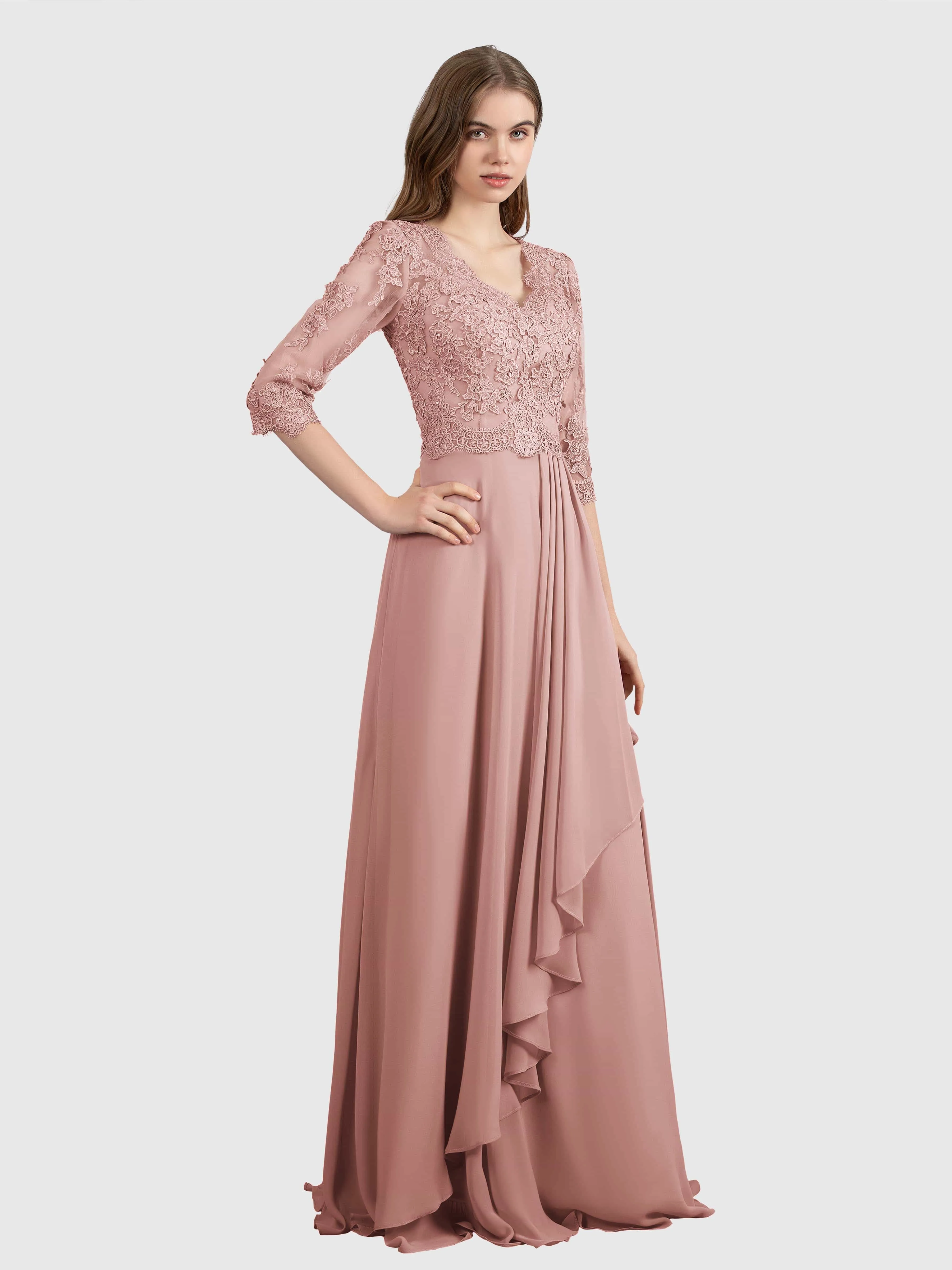 Aria Graceful Pleats Beading Lace Floor Length Bridesmaid Dresses