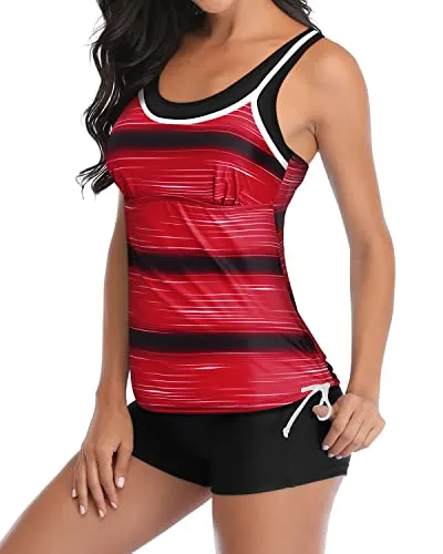 Athletic Double Up Bathing Suits Layered Design & Boyleg Bottom-Red Stripe