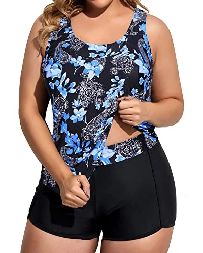 Athletic Plus Size Women's 3 Piece Tankini Swimsuits-Blue Flowers