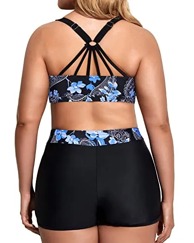 Athletic Plus Size Women's 3 Piece Tankini Swimsuits-Blue Flowers