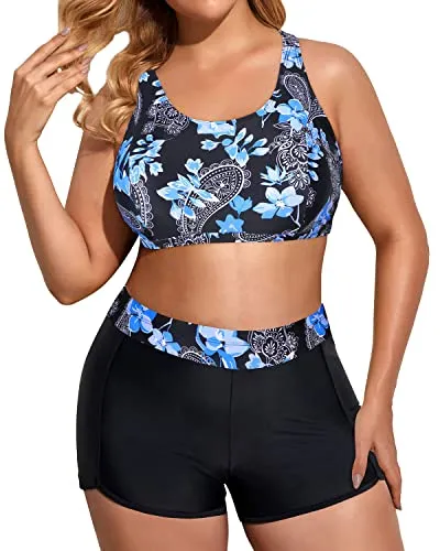 Athletic Plus Size Women's 3 Piece Tankini Swimsuits-Blue Flowers