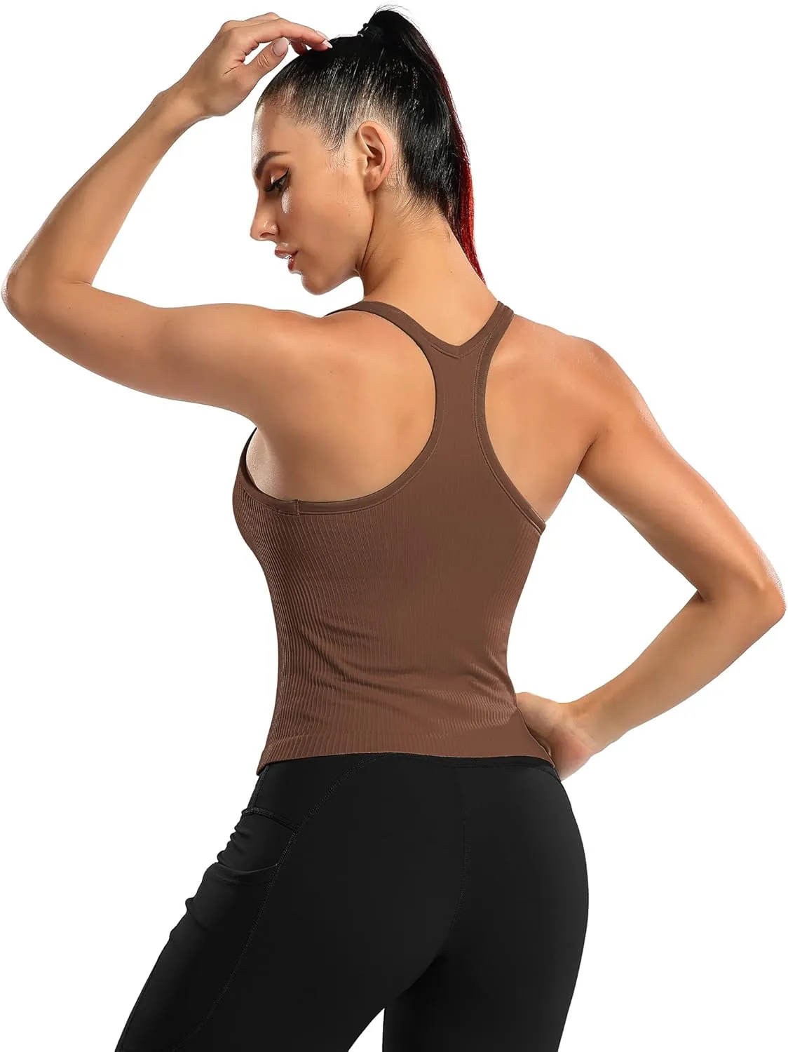 ATTRACO Women Ribbed Workout Crop Tops with Built in Bra Yoga Racerback Tank Top Tight Fit
