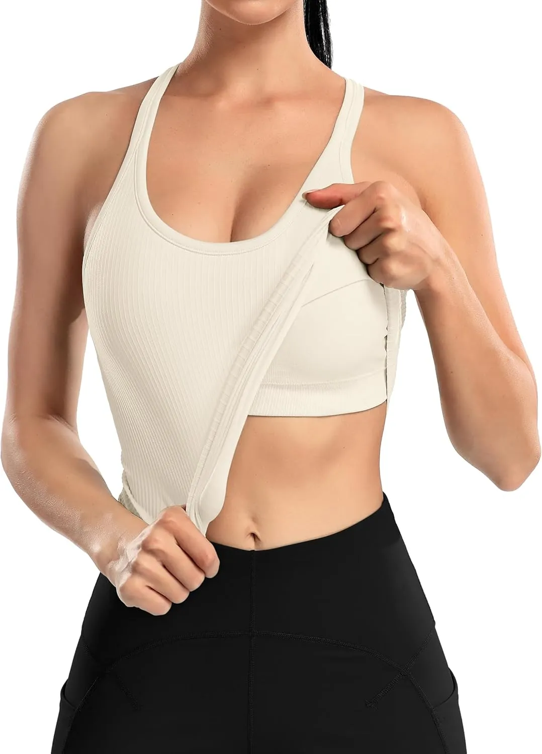 ATTRACO Women Ribbed Workout Crop Tops with Built in Bra Yoga Racerback Tank Top Tight Fit