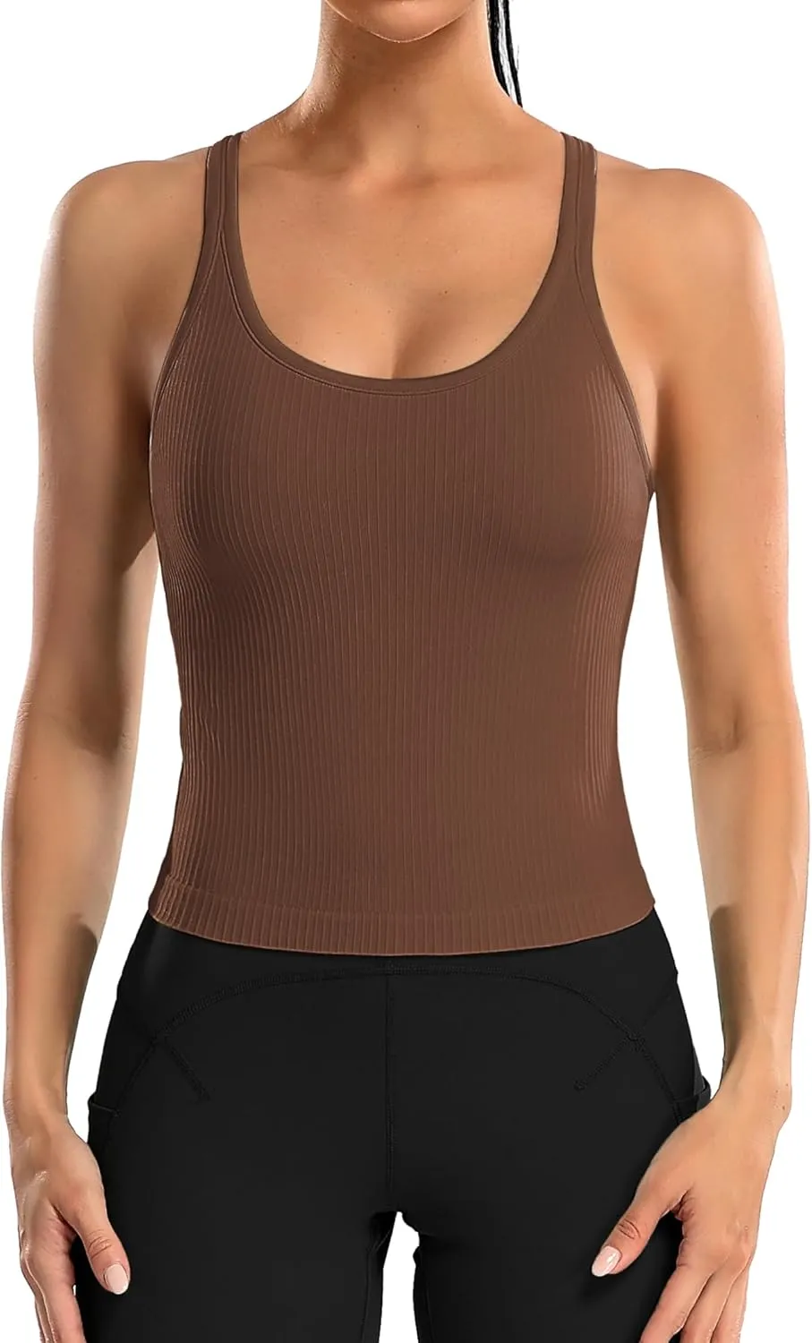 ATTRACO Women Ribbed Workout Crop Tops with Built in Bra Yoga Racerback Tank Top Tight Fit