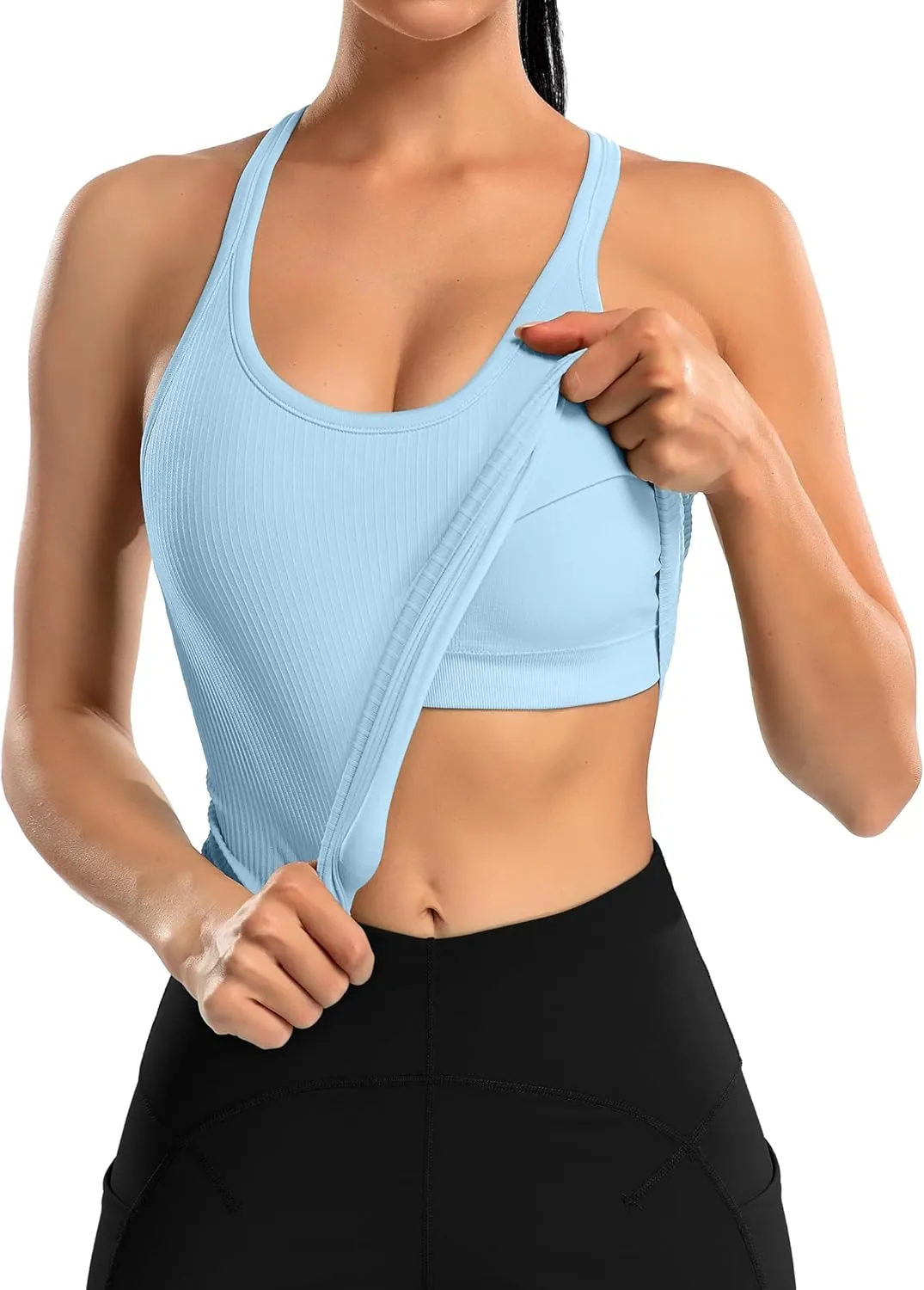 ATTRACO Women Ribbed Workout Crop Tops with Built in Bra Yoga Racerback Tank Top Tight Fit