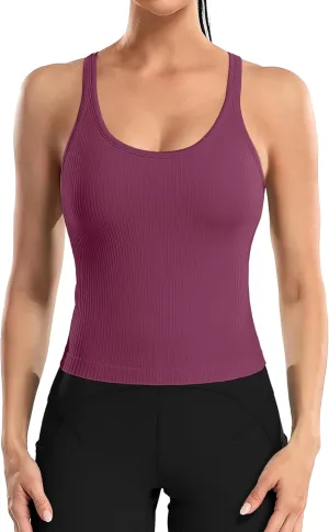 ATTRACO Women Ribbed Workout Crop Tops with Built in Bra Yoga Racerback Tank Top Tight Fit