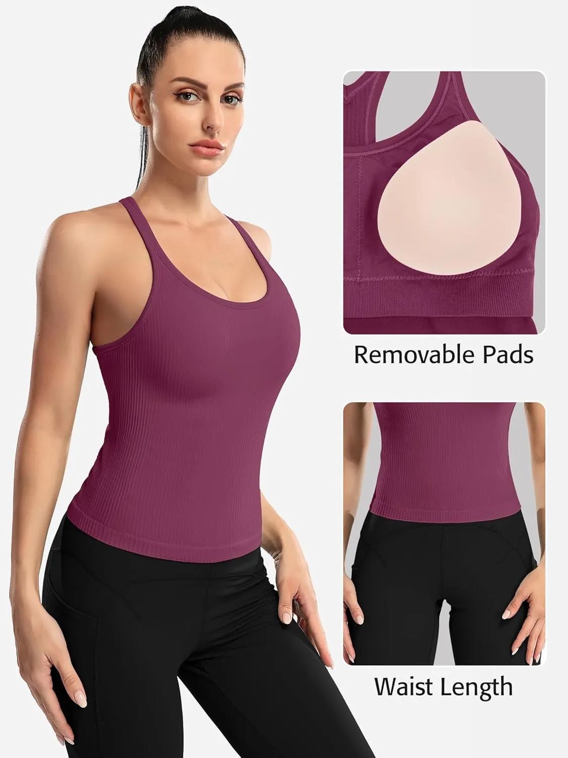 ATTRACO Women Ribbed Workout Crop Tops with Built in Bra Yoga Racerback Tank Top Tight Fit