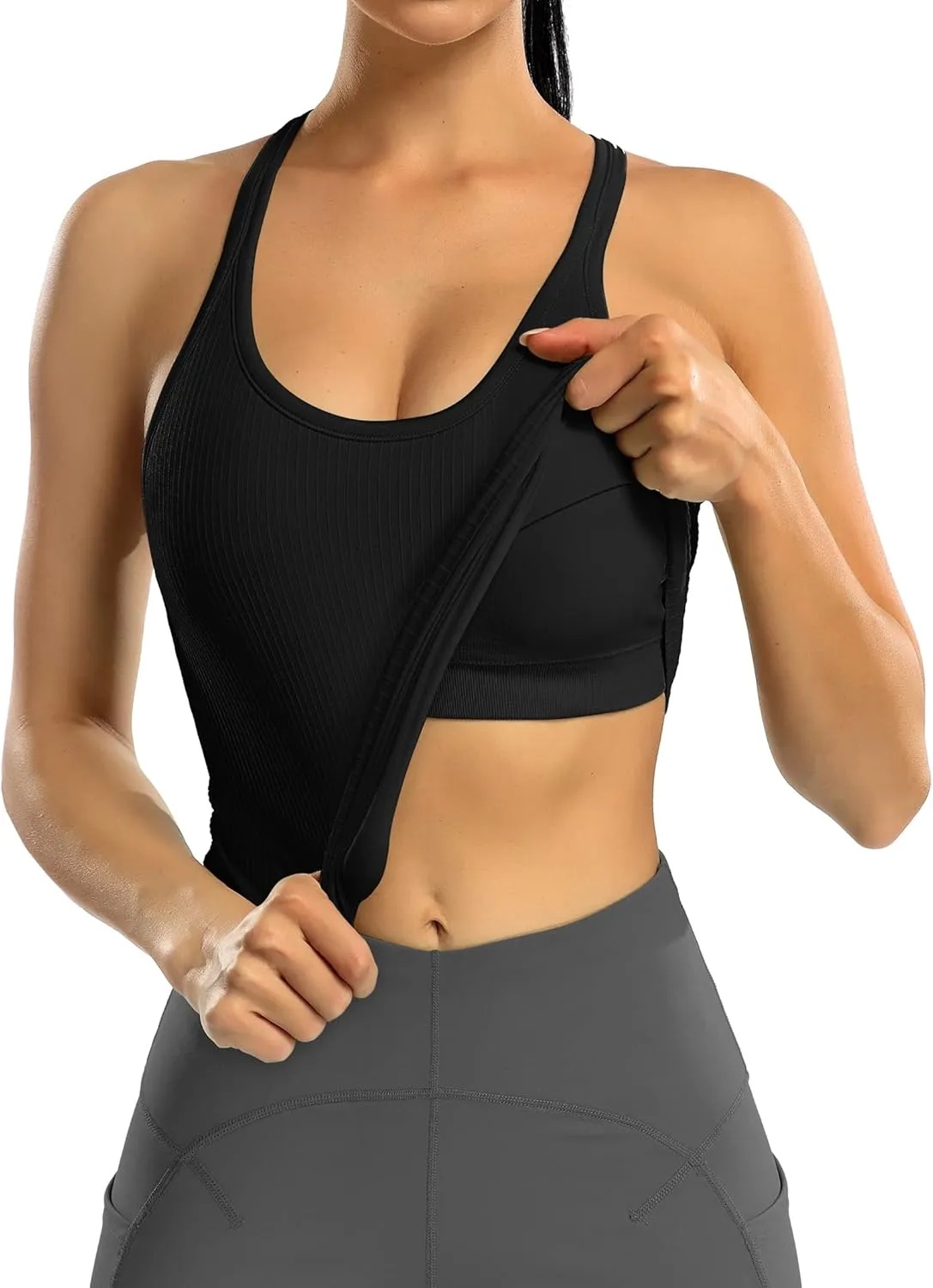 ATTRACO Women Ribbed Workout Crop Tops with Built in Bra Yoga Racerback Tank Top Tight Fit