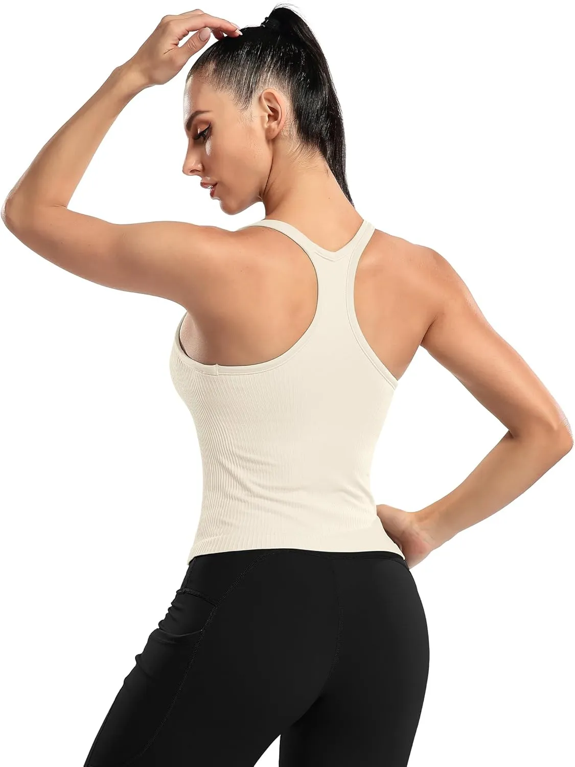 ATTRACO Women Ribbed Workout Crop Tops with Built in Bra Yoga Racerback Tank Top Tight Fit