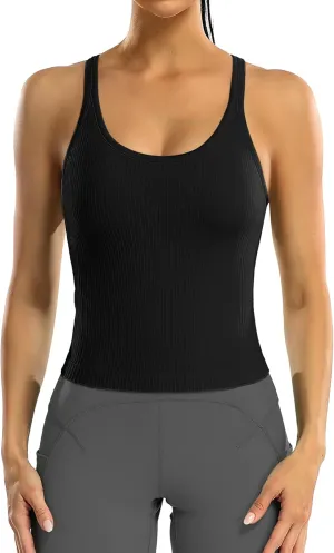 ATTRACO Women Ribbed Workout Crop Tops with Built in Bra Yoga Racerback Tank Top Tight Fit
