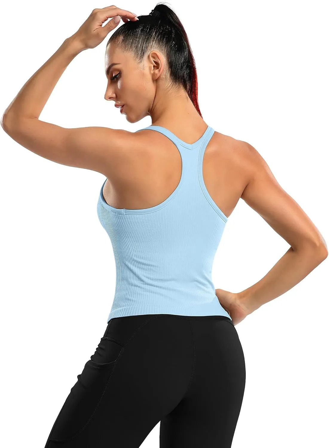 ATTRACO Women Ribbed Workout Crop Tops with Built in Bra Yoga Racerback Tank Top Tight Fit