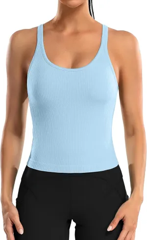 ATTRACO Women Ribbed Workout Crop Tops with Built in Bra Yoga Racerback Tank Top Tight Fit