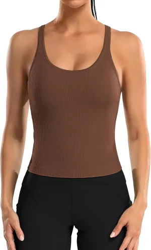 ATTRACO Women Ribbed Workout Crop Tops with Built in Bra Yoga Racerback Tank Top Tight Fit