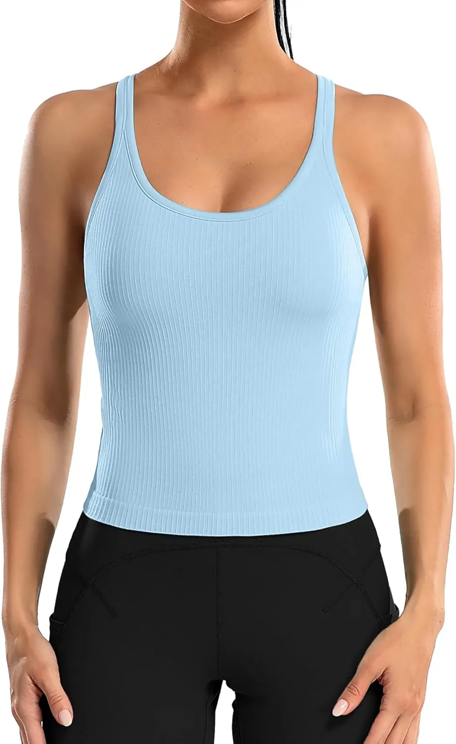 ATTRACO Women Ribbed Workout Crop Tops with Built in Bra Yoga Racerback Tank Top Tight Fit