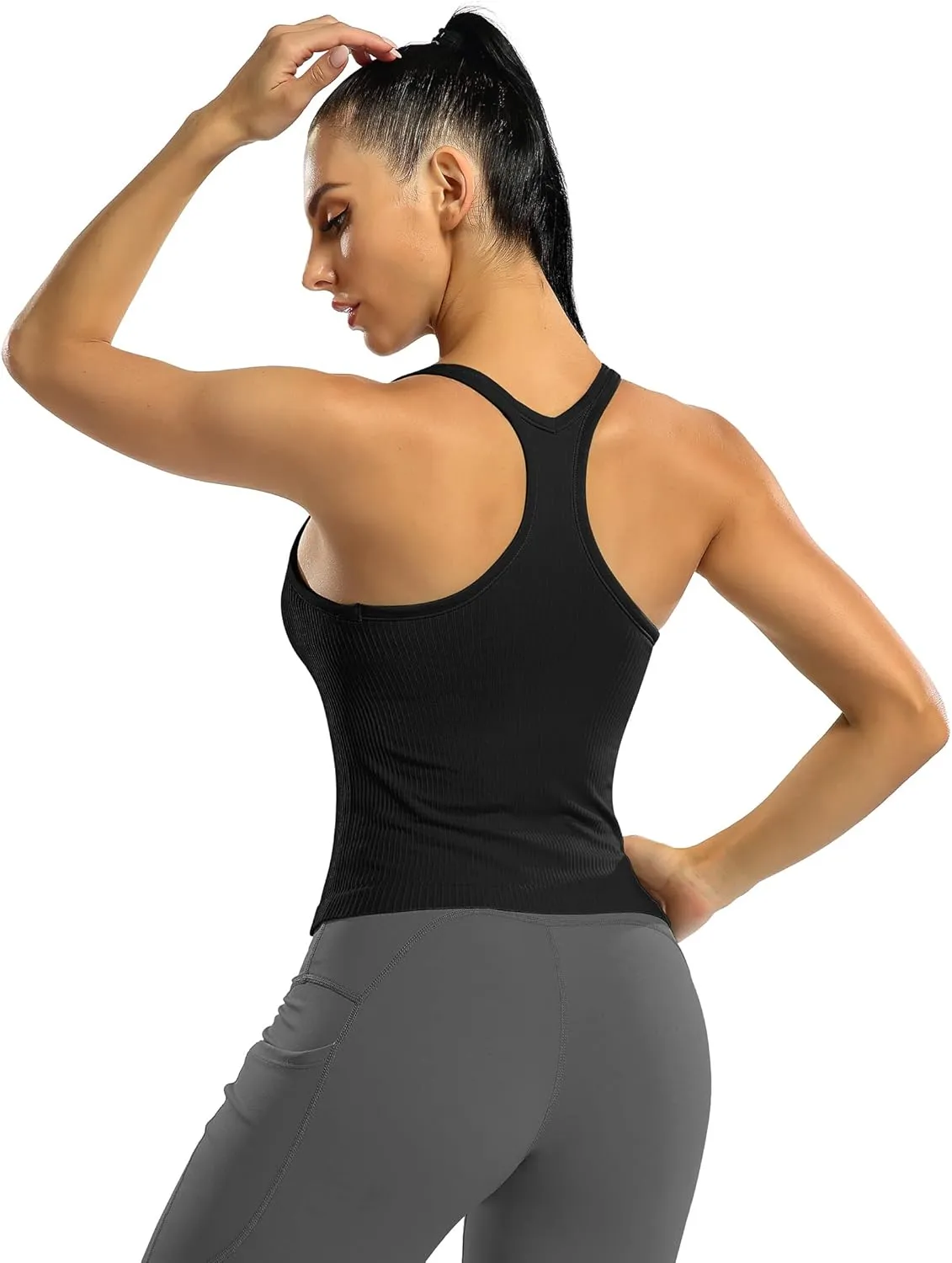 ATTRACO Women Ribbed Workout Crop Tops with Built in Bra Yoga Racerback Tank Top Tight Fit