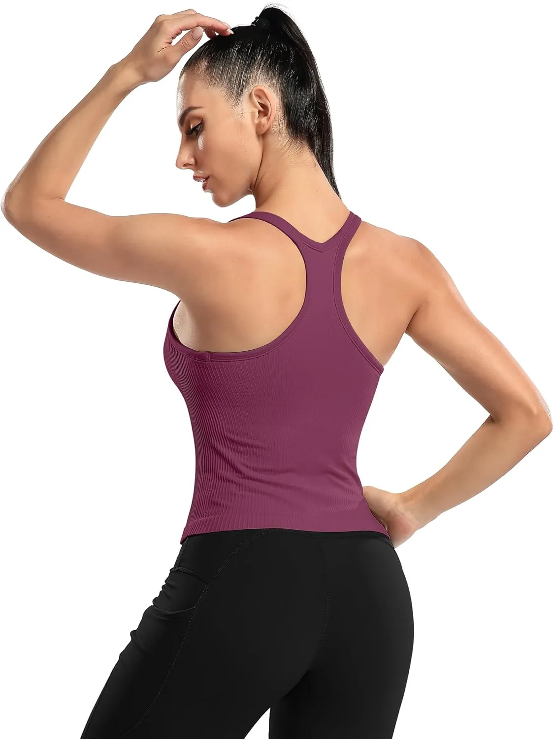 ATTRACO Women Ribbed Workout Crop Tops with Built in Bra Yoga Racerback Tank Top Tight Fit