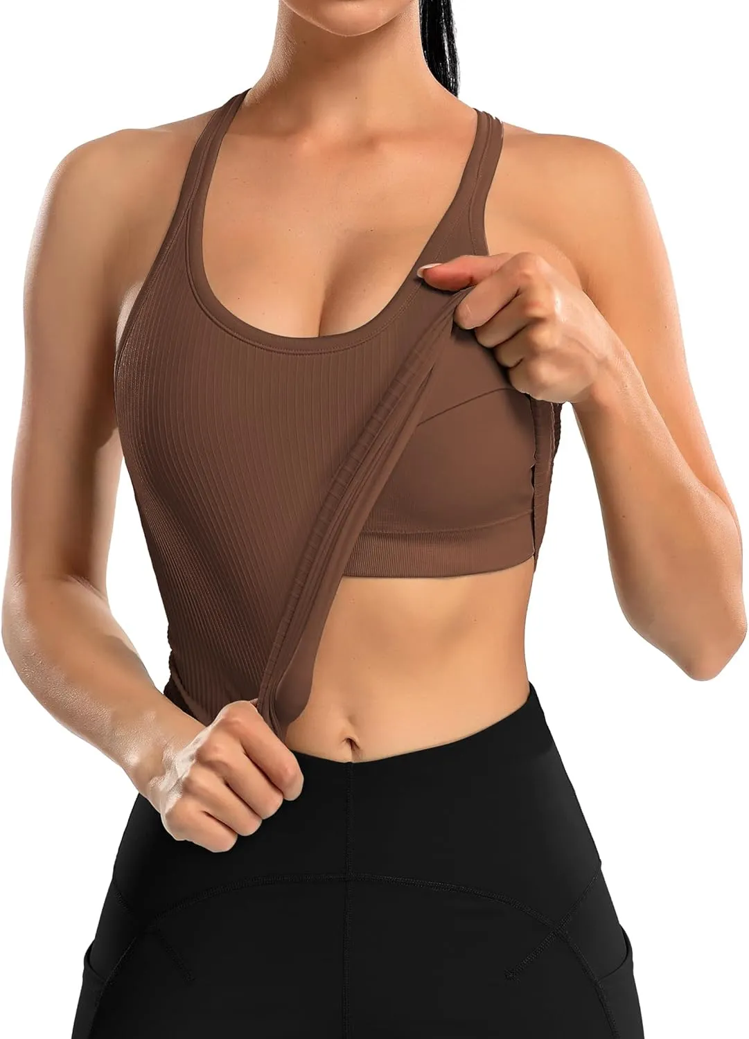 ATTRACO Women Ribbed Workout Crop Tops with Built in Bra Yoga Racerback Tank Top Tight Fit