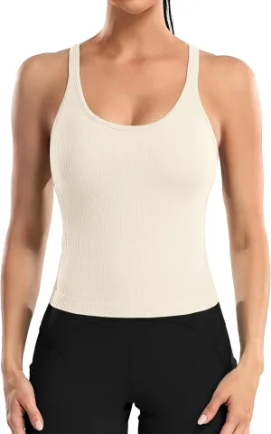 ATTRACO Women Ribbed Workout Crop Tops with Built in Bra Yoga Racerback Tank Top Tight Fit