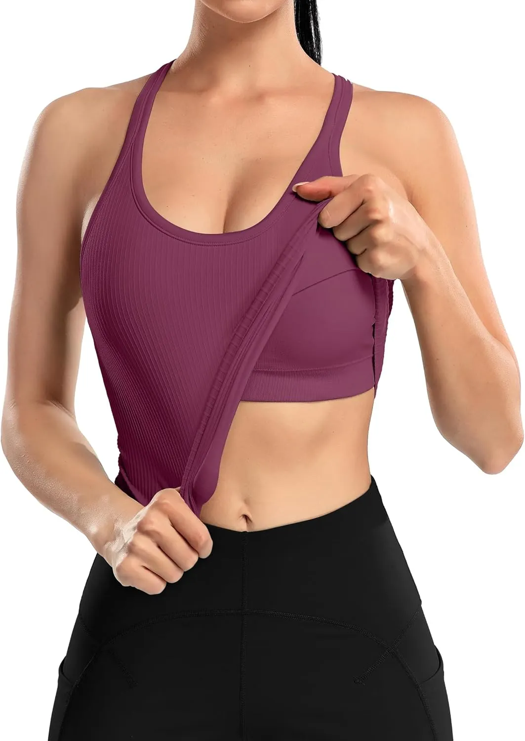ATTRACO Women Ribbed Workout Crop Tops with Built in Bra Yoga Racerback Tank Top Tight Fit