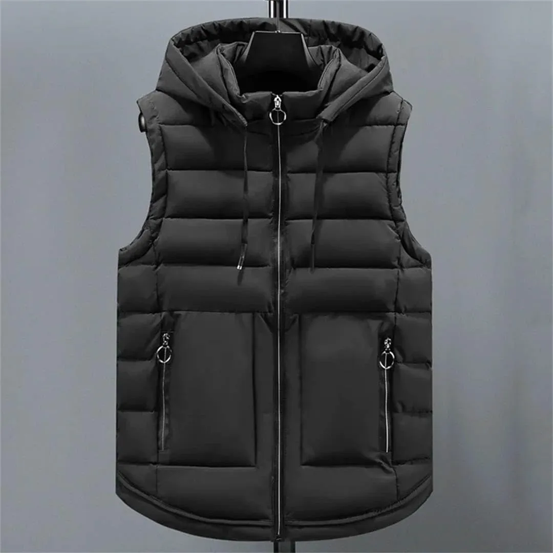 Autumn Winter Sleeveless Jacket Men's Vest Hooded Classic Warm Thick Zipper Solid Cotton Padded Waistcoat