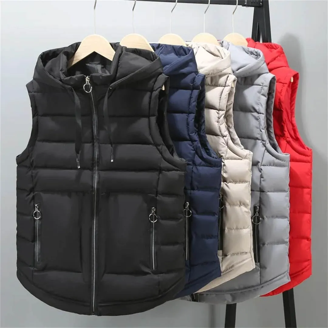 Autumn Winter Sleeveless Jacket Men's Vest Hooded Classic Warm Thick Zipper Solid Cotton Padded Waistcoat