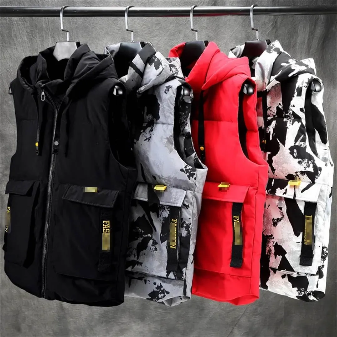 Autumn Winter Sleeveless Jackets Men Camo Cotton Padded Vest Warm Thick Waistcoat Hooded Men's Clothing