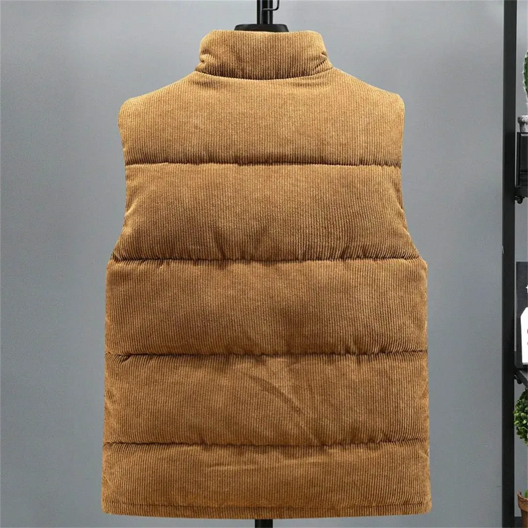 Autumn Winter Vest Men Fashion Warm Cotton Padded Sleeveless Jacket Stand Collar Solid Color Waistcoat