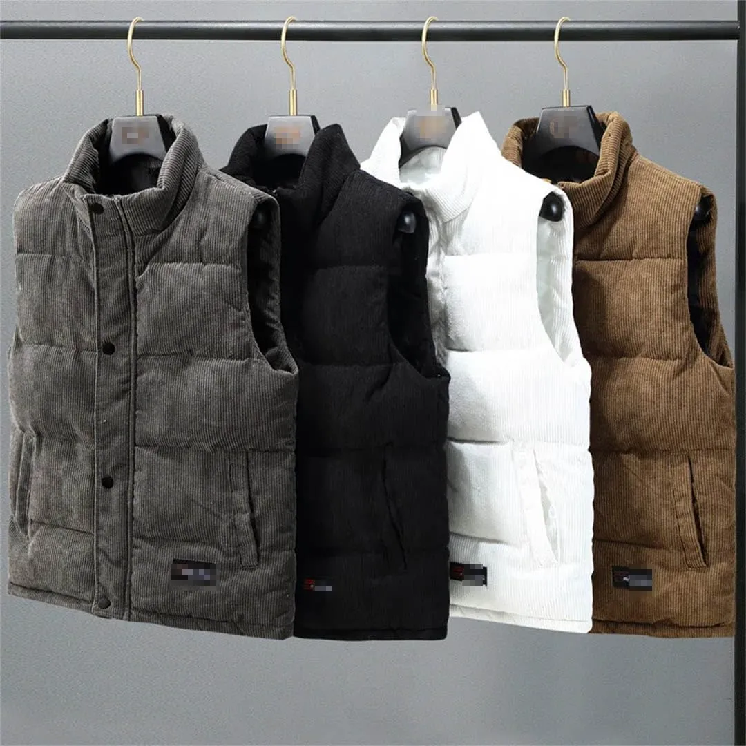 Autumn Winter Vest Men Fashion Warm Cotton Padded Sleeveless Jacket Stand Collar Solid Color Waistcoat