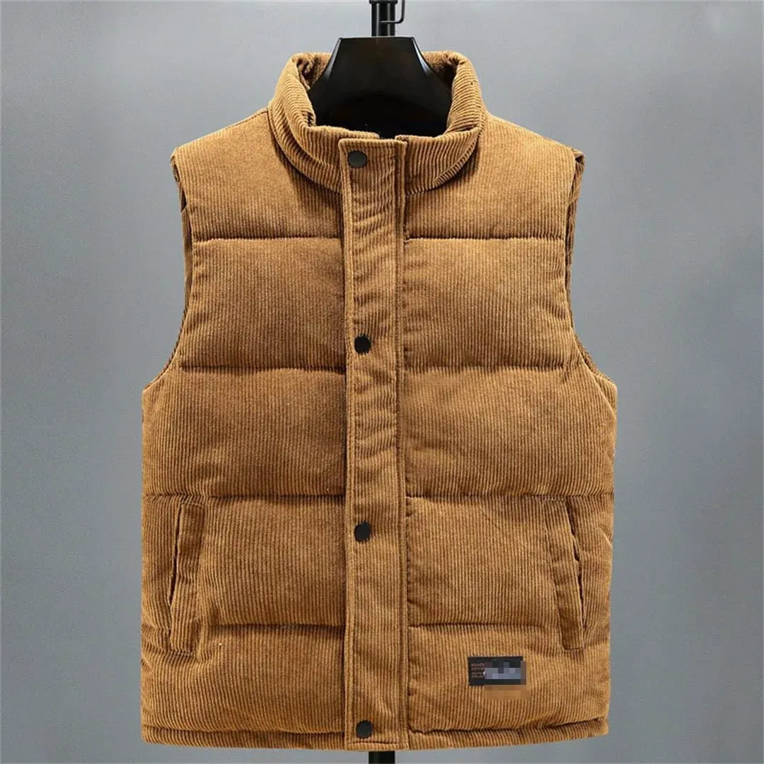 Autumn Winter Vest Men Fashion Warm Cotton Padded Sleeveless Jacket Stand Collar Solid Color Waistcoat