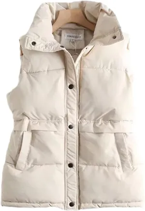 Autumn Winter Women Solid Loose Vest Drawstring Stand Collar Long Vest Jacket Cotton Padded Women Warm Waistcoat