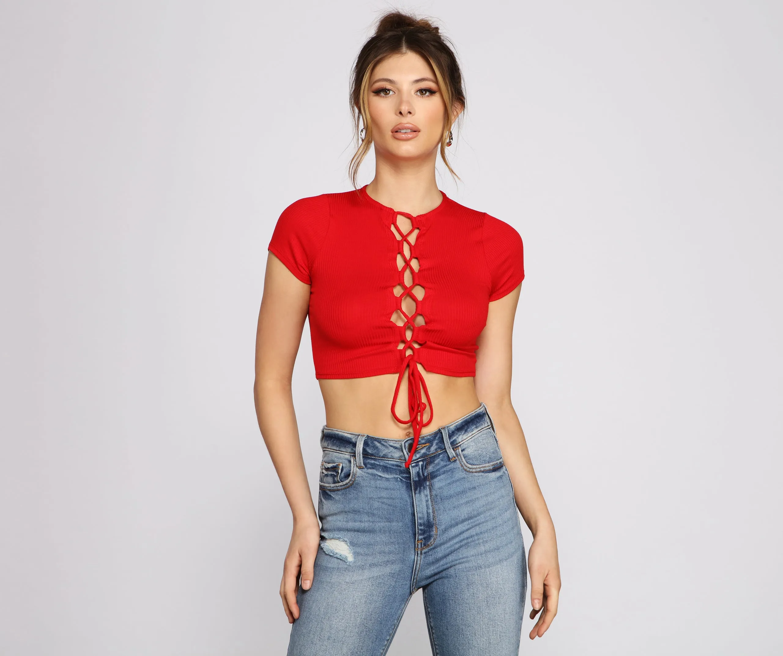 Basic Babe Ribbed Knit Lace-Up Top