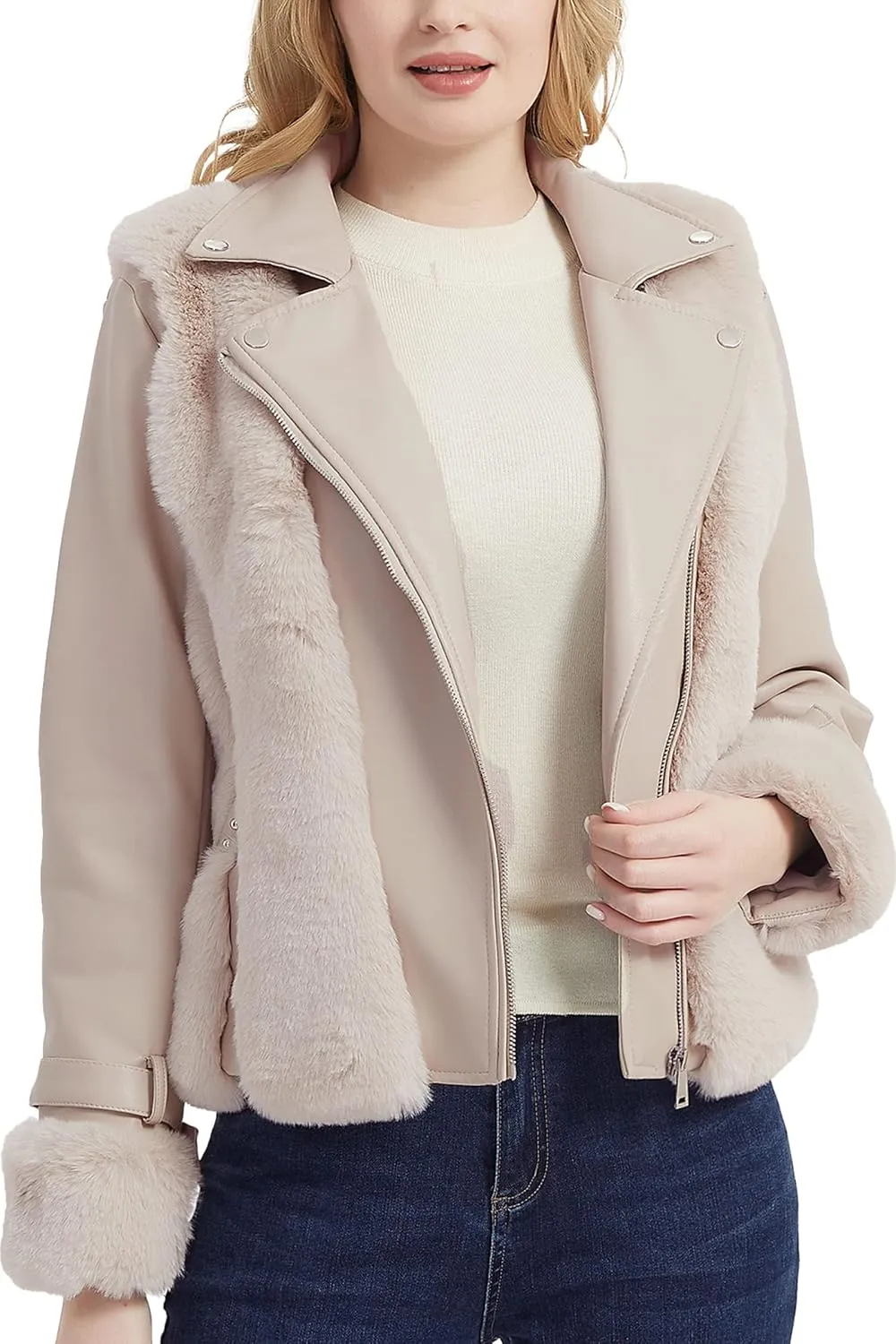 Bellivera Women's Faux Leather Jacket Moto Biker Sherpa-Lined Coat with Removable Fur Collar