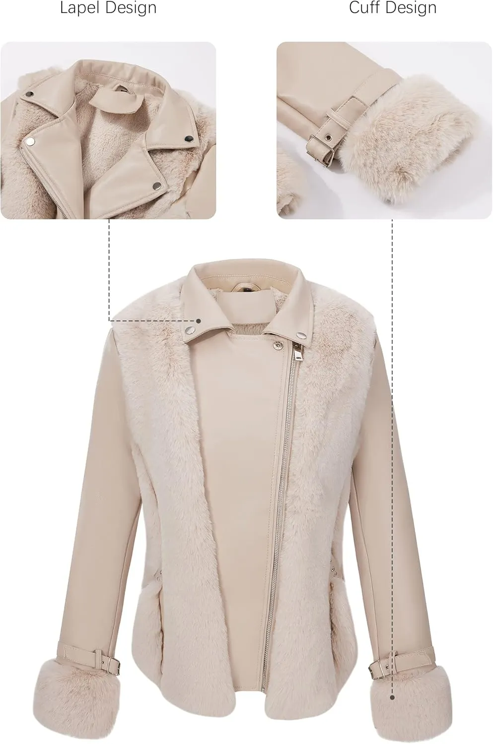 Bellivera Women's Faux Leather Jacket Moto Biker Sherpa-Lined Coat with Removable Fur Collar