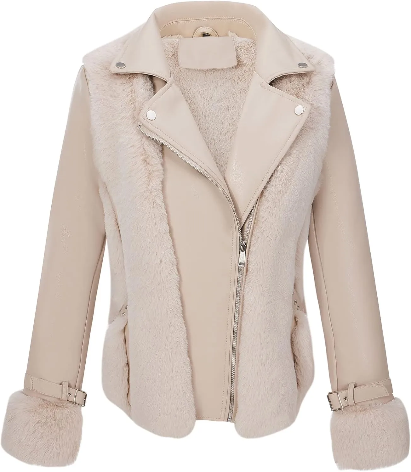 Bellivera Women's Faux Leather Jacket Moto Biker Sherpa-Lined Coat with Removable Fur Collar