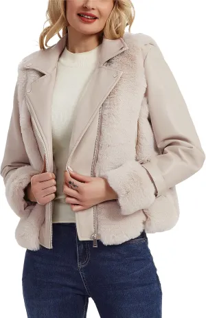 Bellivera Women's Faux Leather Jacket Moto Biker Sherpa-Lined Coat with Removable Fur Collar