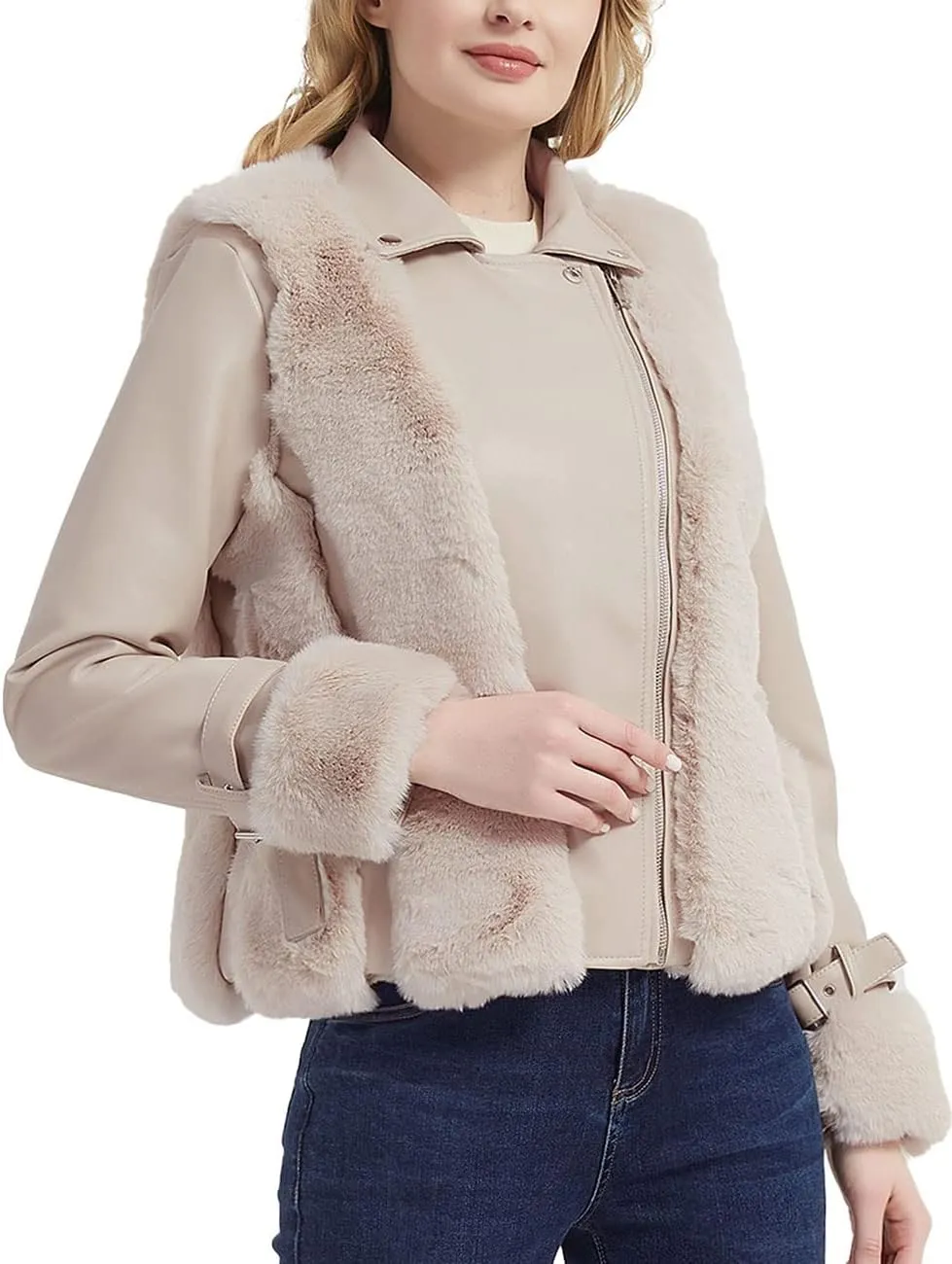 Bellivera Women's Faux Leather Jacket Moto Biker Sherpa-Lined Coat with Removable Fur Collar
