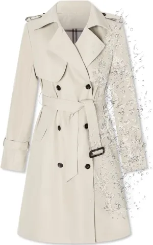 Betusline Women's Long Trench Coat Waterproof Double Breasted Classic Windbreaker Jacket Lapel Overcoats Outerwear with Belt, Oatmeal, XL
