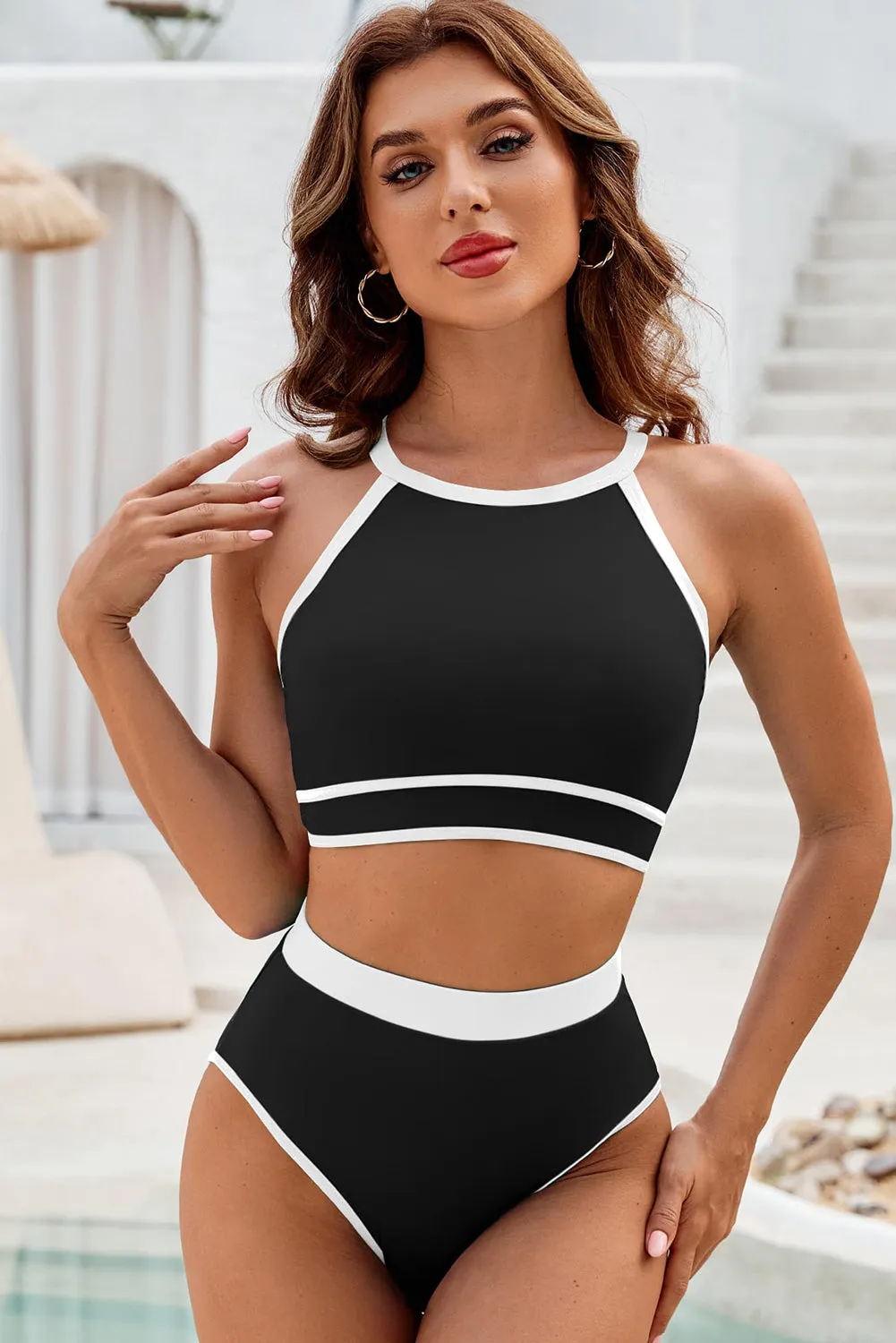 Black Contrast Crisscross High Waist Bikini Set