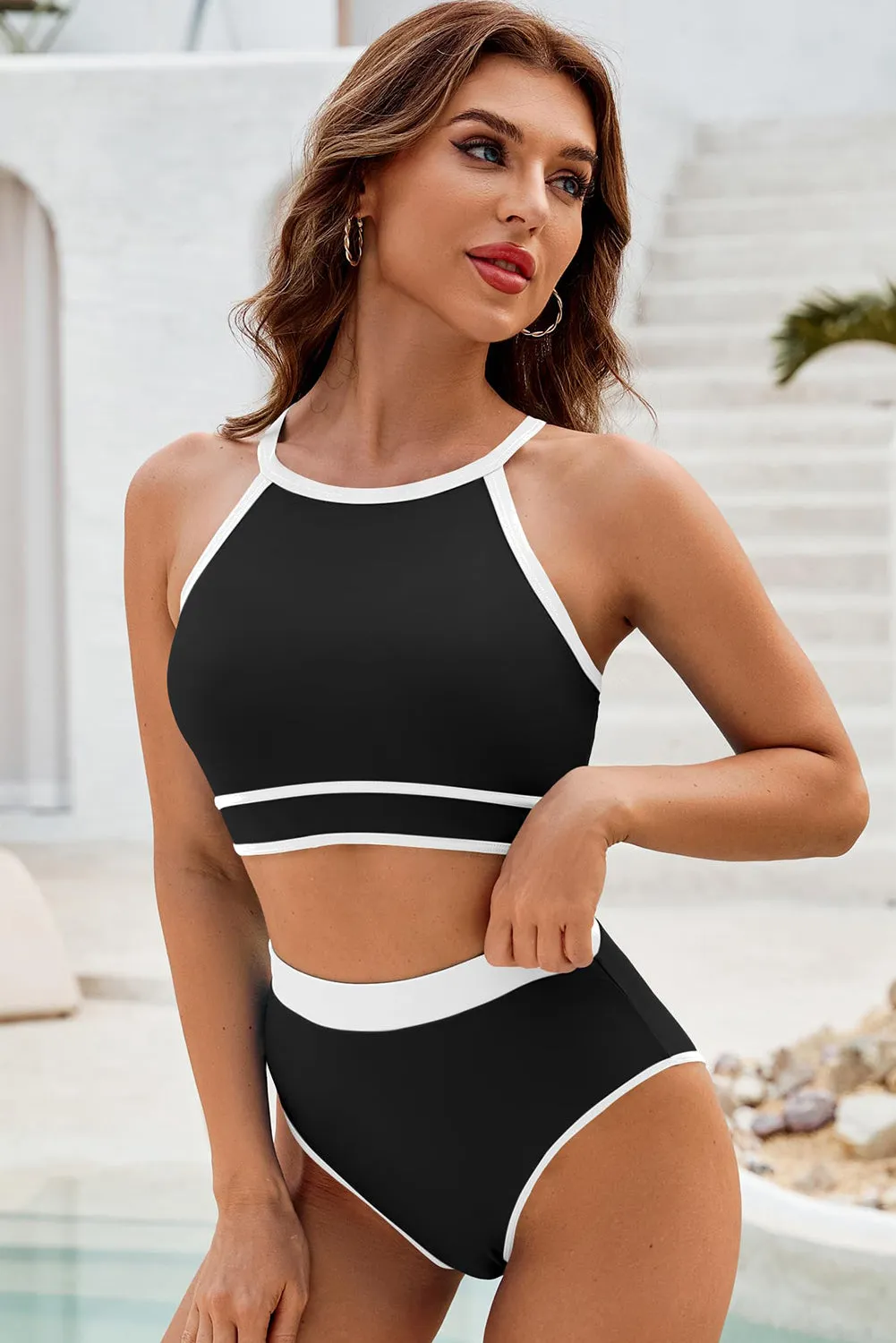 Black Contrast Crisscross High Waist Bikini Set
