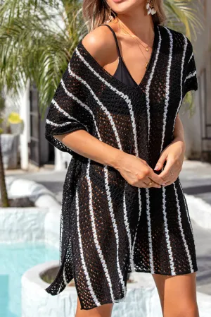 Black Striped Crochet Beach Cover Up