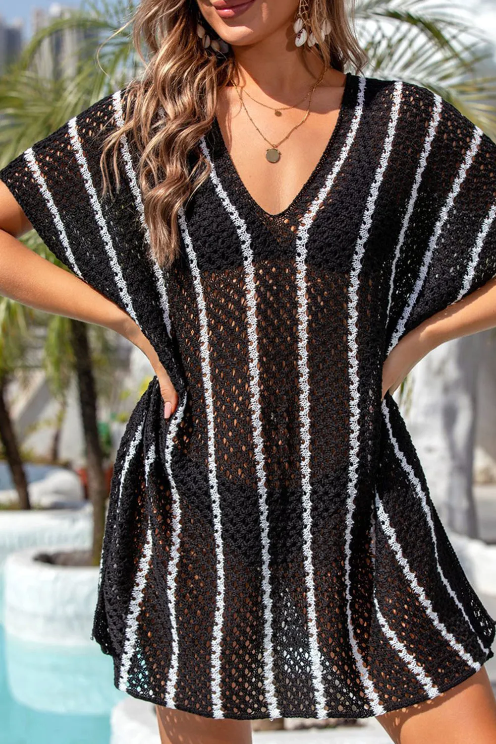 Black Striped Crochet Beach Cover Up